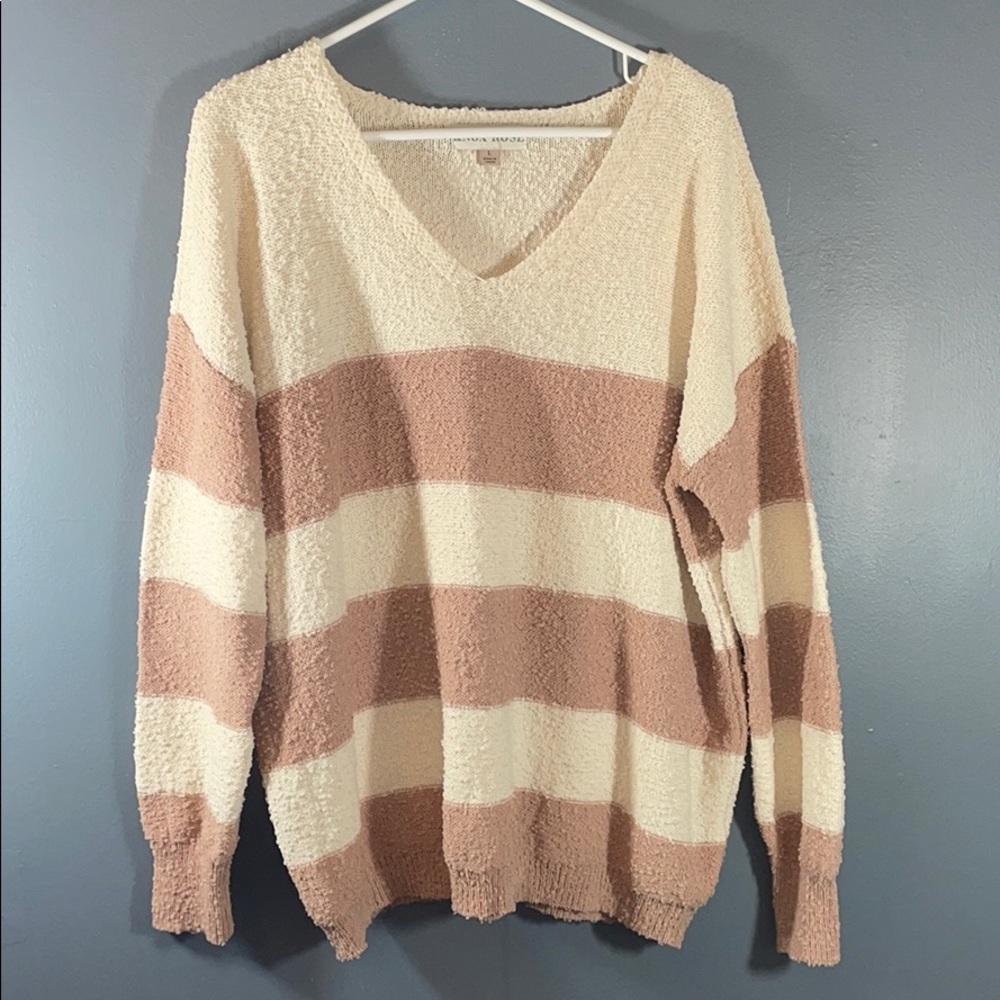 Knox Rose Mauve Creme Stripped VNECK Sweater LG